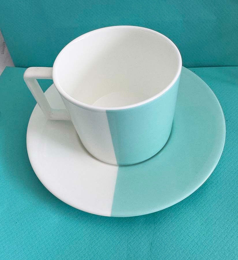 Tiffany &Co NEW COLOR BLOCK TEACUP wSAUCER /r ESPRESSO Blue &White