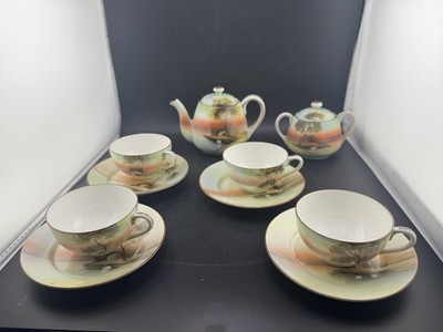 Vintage Noritake Morimura Small Hand-Painted Scenic Tea Set Cabin On Lake