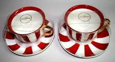 Grace Teaware Set of 2 Teacup & Saucer Sets Red & White Stripes w/ Gold Trim New
