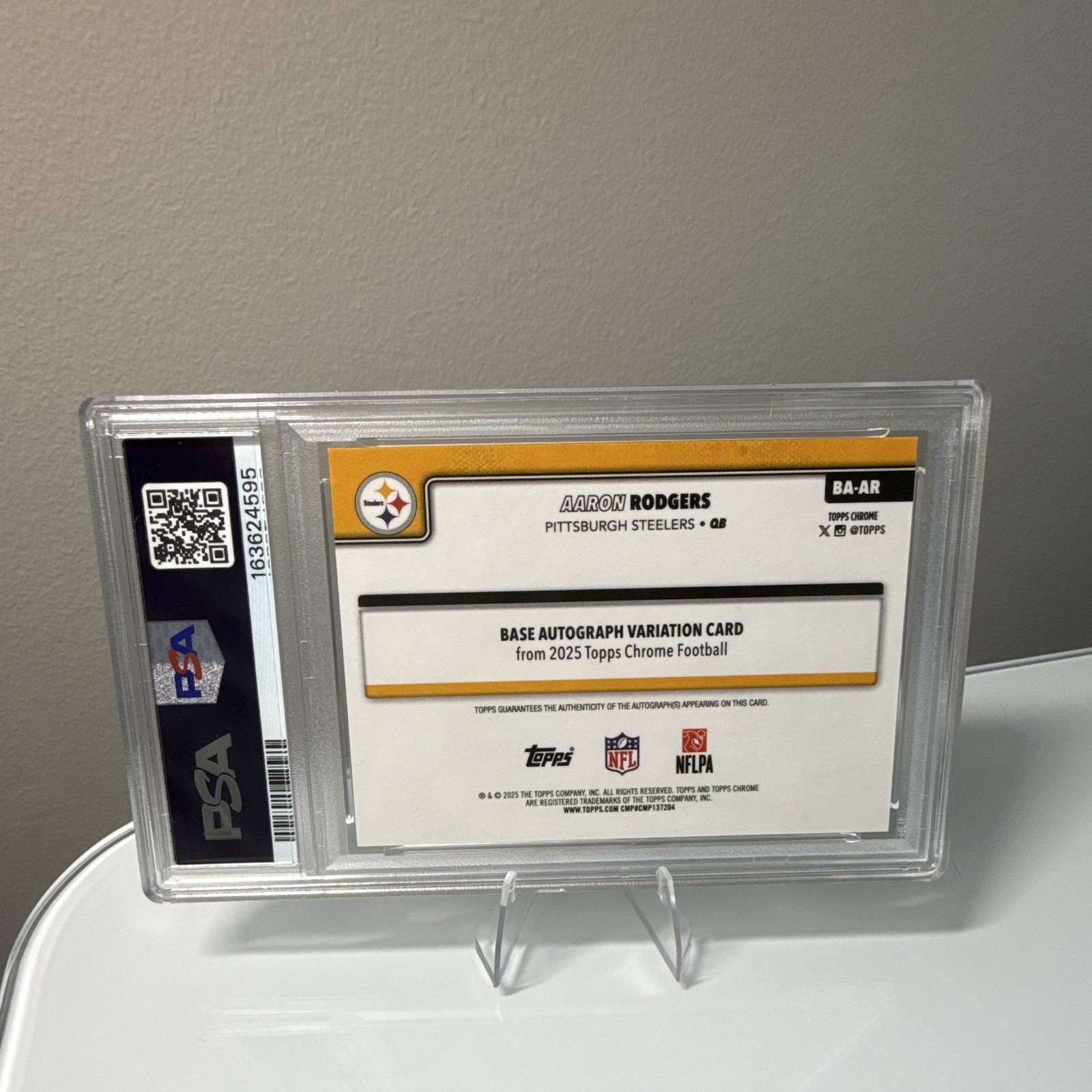 Topps 2025 Chrome Football Aaron Rodgers BA-AR Orange Lava /25 Auto PSA 9 Pop 1 view 2