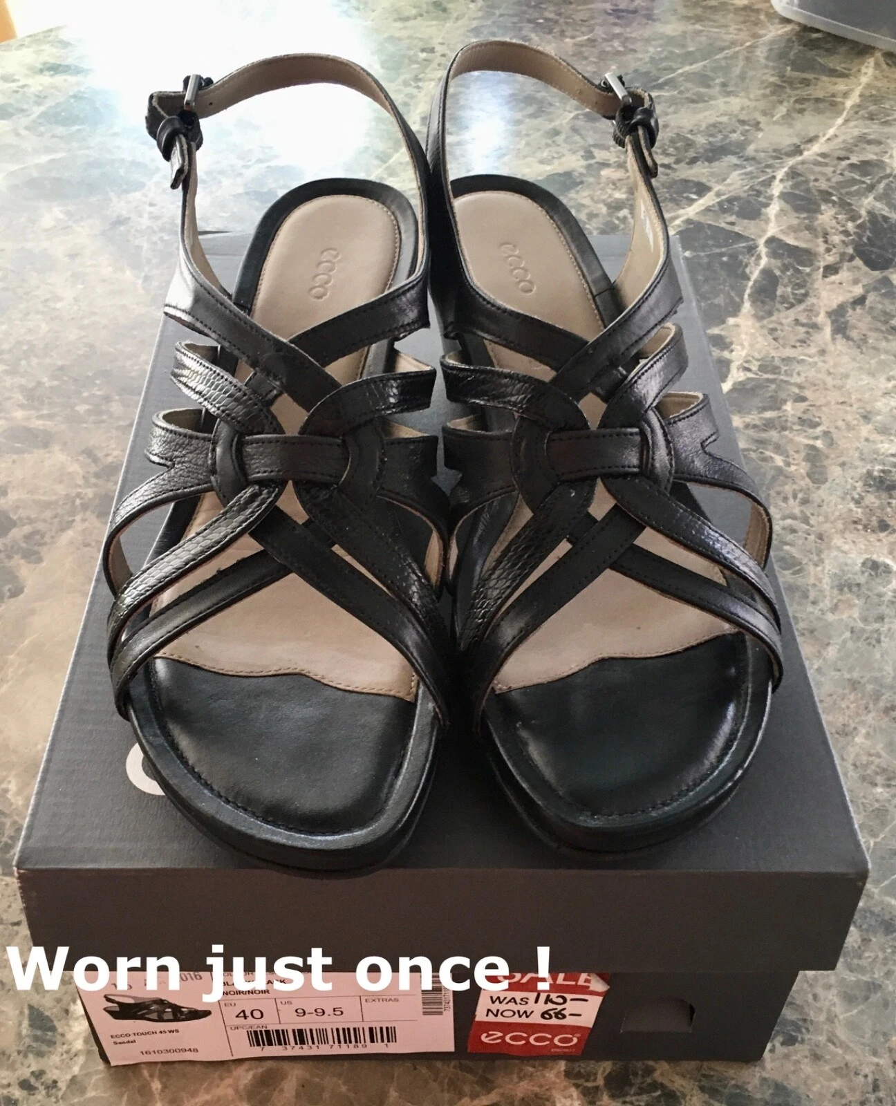 SANDALI DONNA ECCO TOUCH IN PELLE ~ TAGLIA 40 ~ NERI ~ TACCO 2 5"" ~ INDOSSATI SOLO UNA VOLTA