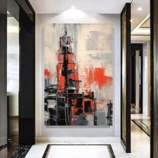 black Hand-painted Oil Painting Abstract Decor red Painting For Living Room city
