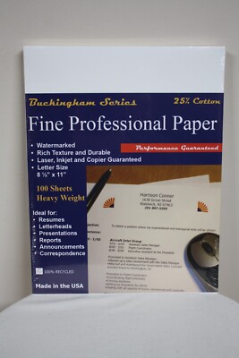 Buckingham Series White Fine Professional Resume Paper 25% Cotton 100 Sheets