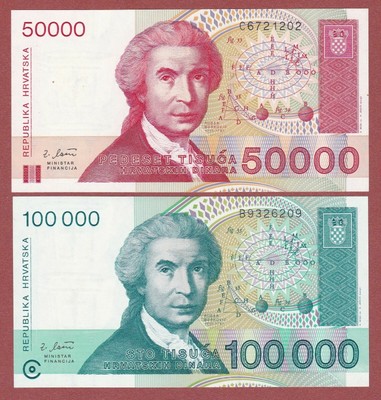 Croatia/CROATIA. lot 50000 - 100000 Dinara (1993) pick 26a - 27a (sc