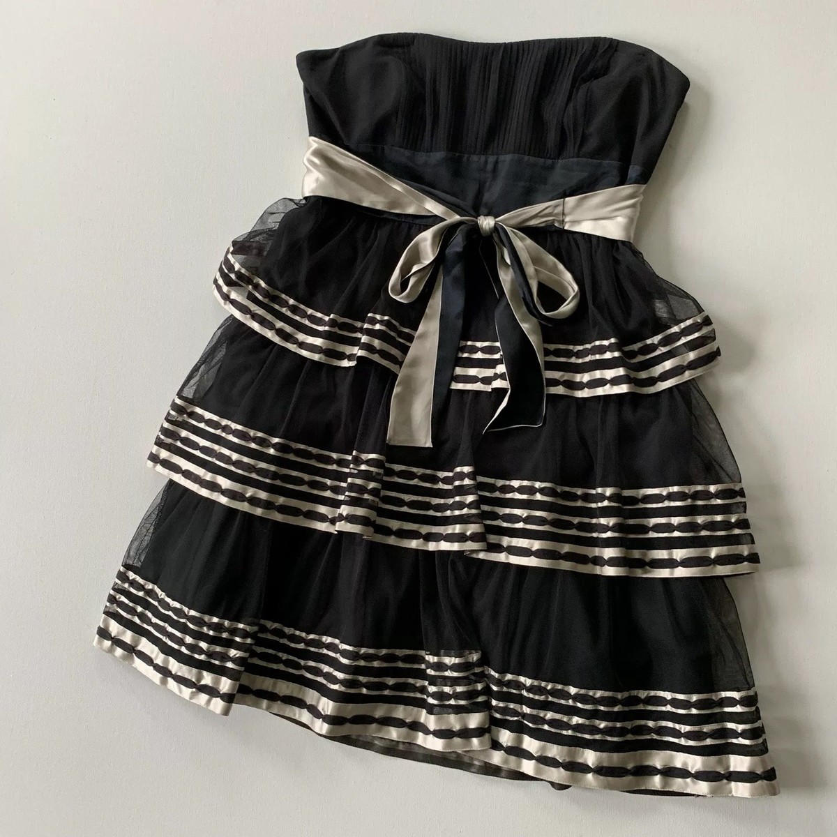 bcbg homecoming dresses NWOT Tulle & Silk Stripe Strapless Cocktail Dress 12 Tiered Emp holiday '24
