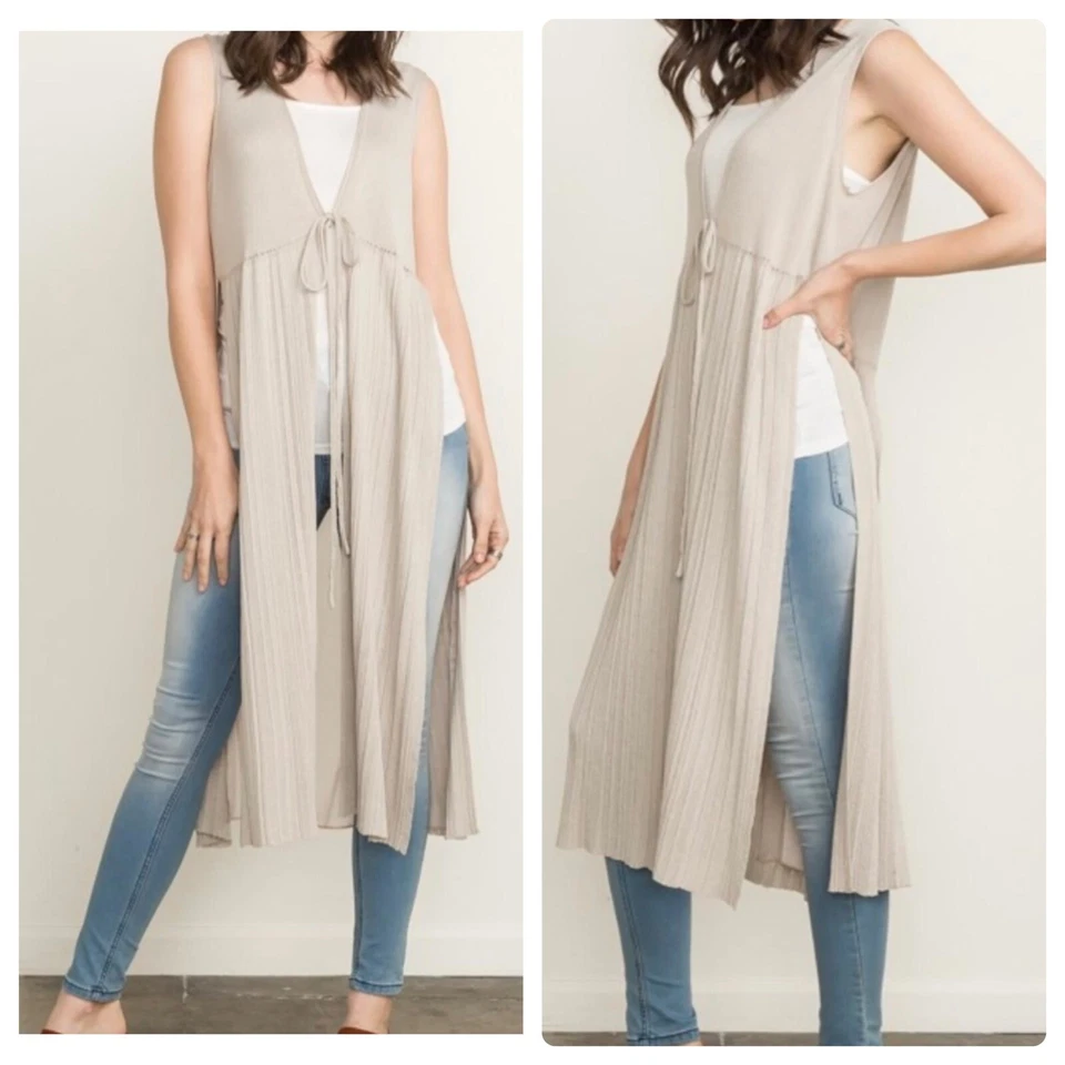 Chaleco Suéter Mystree Tejido Corbata Frontal Para Mujer L Ranura Lateral Gasa Bajo Beige Foto 2 de 4