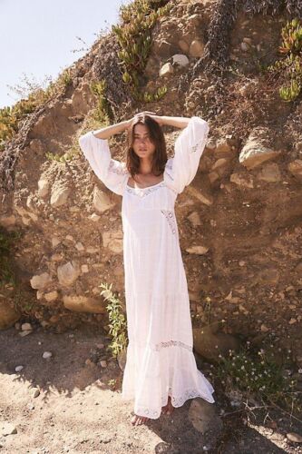 Free People All The Attitude Maxi Dress White Long Puff Sleeve Boho Size L