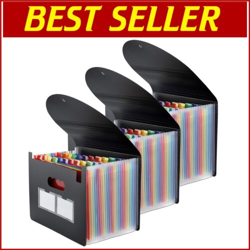 Durable Black Accordion File Folder 3-Pack - Expandable A4 Document Holder