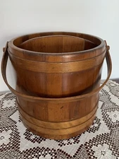 Antique Wooden Firkin Sugar Bucket Tapered Banded Wood Handle No Lid 11" Tall