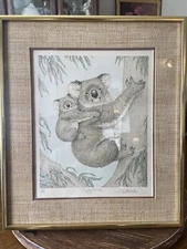 Lithograph hand signed Art print S.Sona Rare Koala Wildlife Framed Matted 15x13