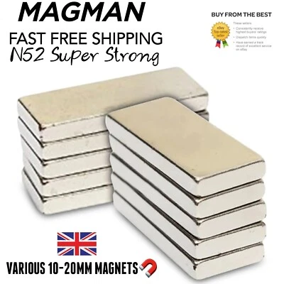MAGMAN N52 grade Strong neodymium block rectangle fasteners 10mm - 20mm Various Sizes