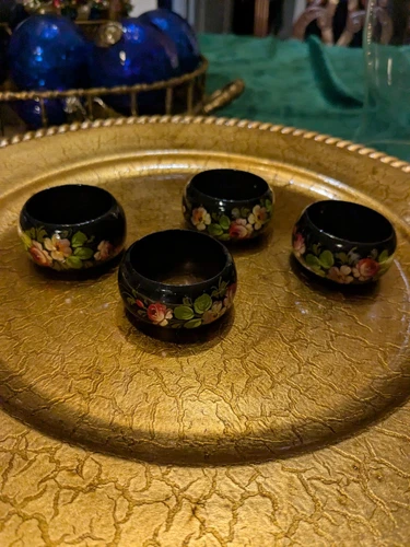 Hand Painted Black Wooden Laquered Napkin Rings Set of 4