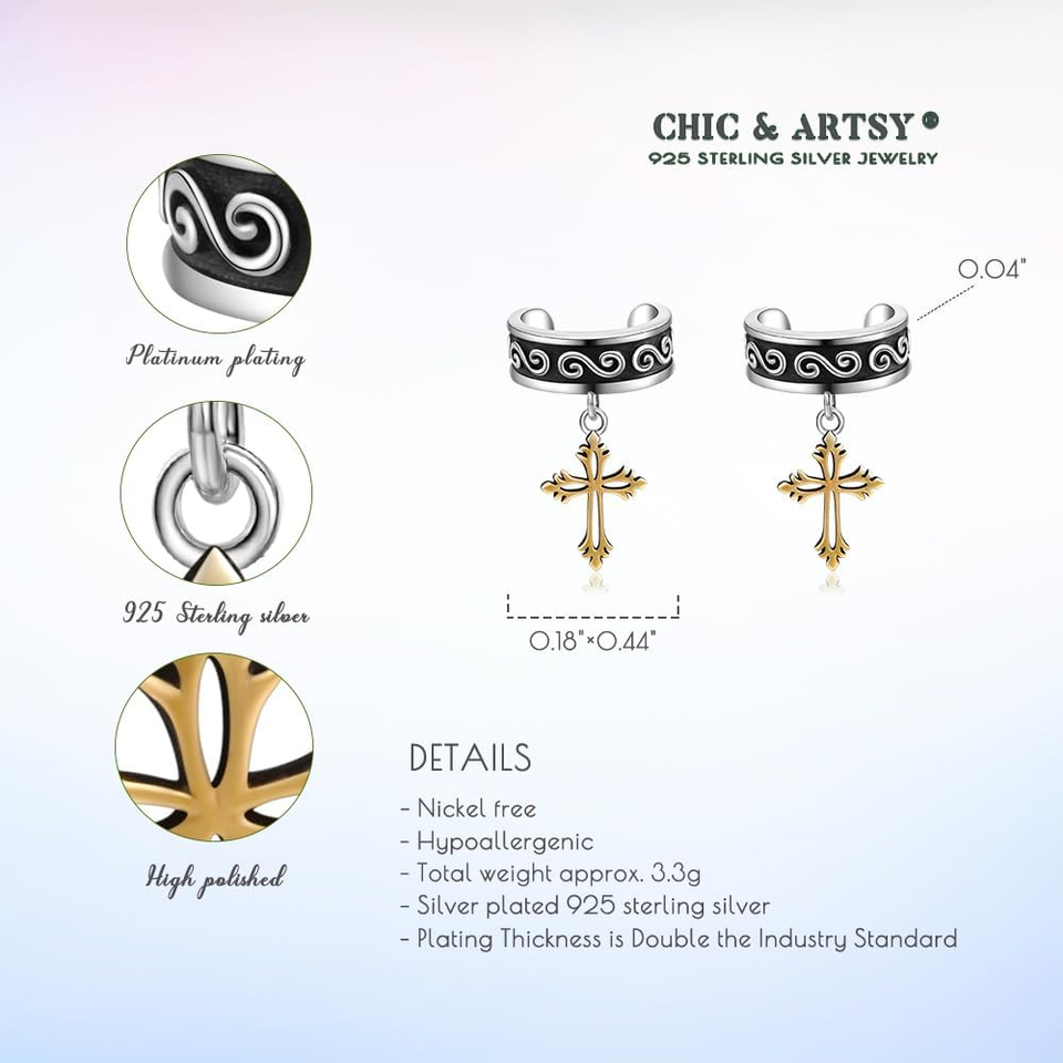 Ear Cuff Earrings 925 Sterling Silver Ear Cuff Cross Earrings