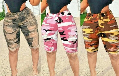 Ladies Ripped Short Camouflage Denim 