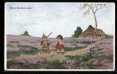 artist postcard ad. Hoffmann: When He Bid Goodbye, Child in Uniform 1917 