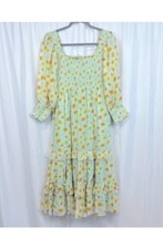 LOVESHACKFANCY Light green Floral Smocked Square Neck Puff Sleeve Midi Dress S 