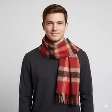 Red Brown Plaid Wool Fringed Scarf - 100% Wool, Unisex🧣