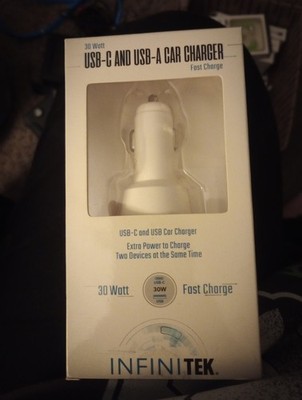 Infinitek Car Charger USB-C & USB-A 30 Watt Dual Port Fast Charge White New C A