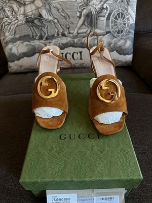Gucci Blondie Cognac GG Suede Ankle Strap Sandals/Heels EU38 US8 - BRAND NEW