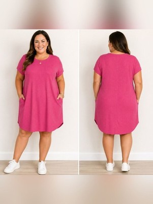 Heimish USA Pink Ribbed Tunic Dress 1X Plus Size Stretchy Pockets Comfy Casual
