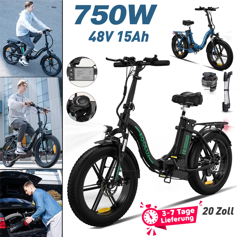 750W Klappbar Elektrofahrrad 48V15AH 20*4 Fat Tire 25km/h E-Citybike KOOLUX BK6S