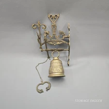 Vintage Solid Brass Wall Mounted Dinner Bell 14.5" Tall, Ornate Bracket, Chain