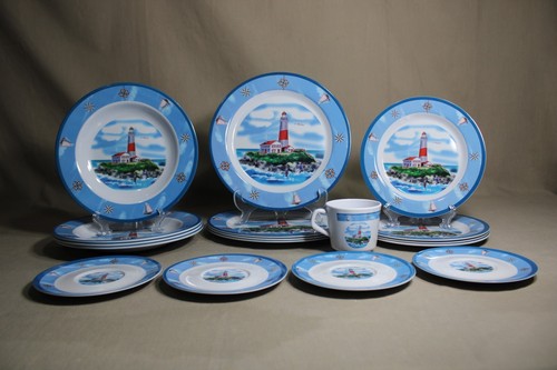 17 Piece Melamine Dinnerware Set In A LIGHTHOUSE Design - Picture 1 of 4
