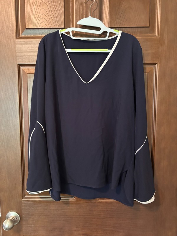 Calvin Klein Ruffled Blouse Size L Navy w/white trim