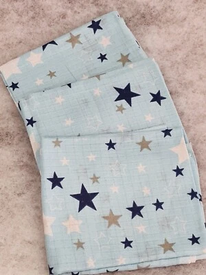 LOLALAND 3 pack muslin squares large 70x80cm baby nappies bibs grey blue white stars