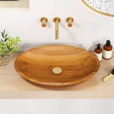 23.5" x 16" Vessel Sink Teak Wood Washbasin with Drainage Hole & Smooth Finish
