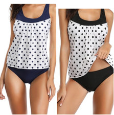 Women's Two Piece Swimsuit Tankini Top Triangle Briefs Black or Blue Polka Dots