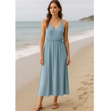 Dip Organic Cotton Maxi Dress Casual Sundress Criss Cross Back Blue Large