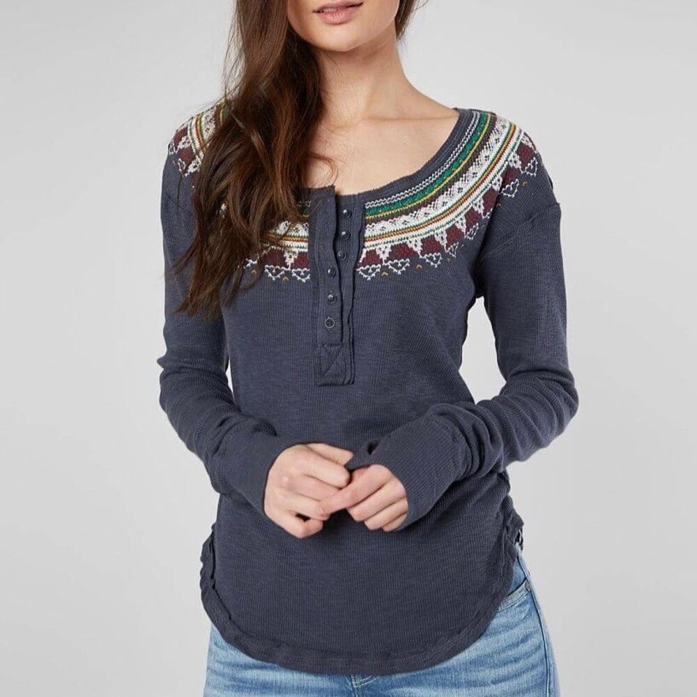 Free People Fair Isle Embroidered Thermal Top S