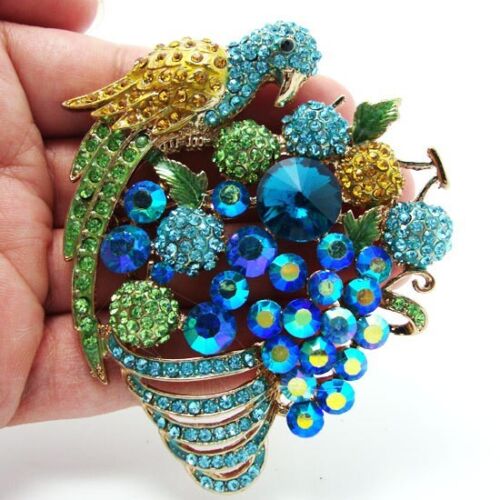 Unique Blue Parrot Fruit Group Woman's Brooch Pin Crystal Rhinestone Jewelry - Picture 1 of 5