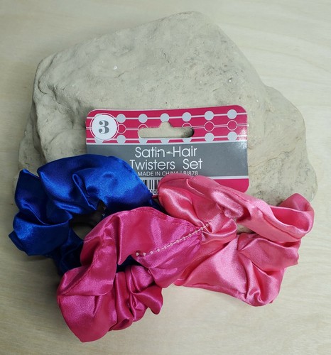 Fabric Ponytail Holders Round 3 Pack Blue Pink Satin Hair Twisters 80s Scrunchy - Picture 6 of 7