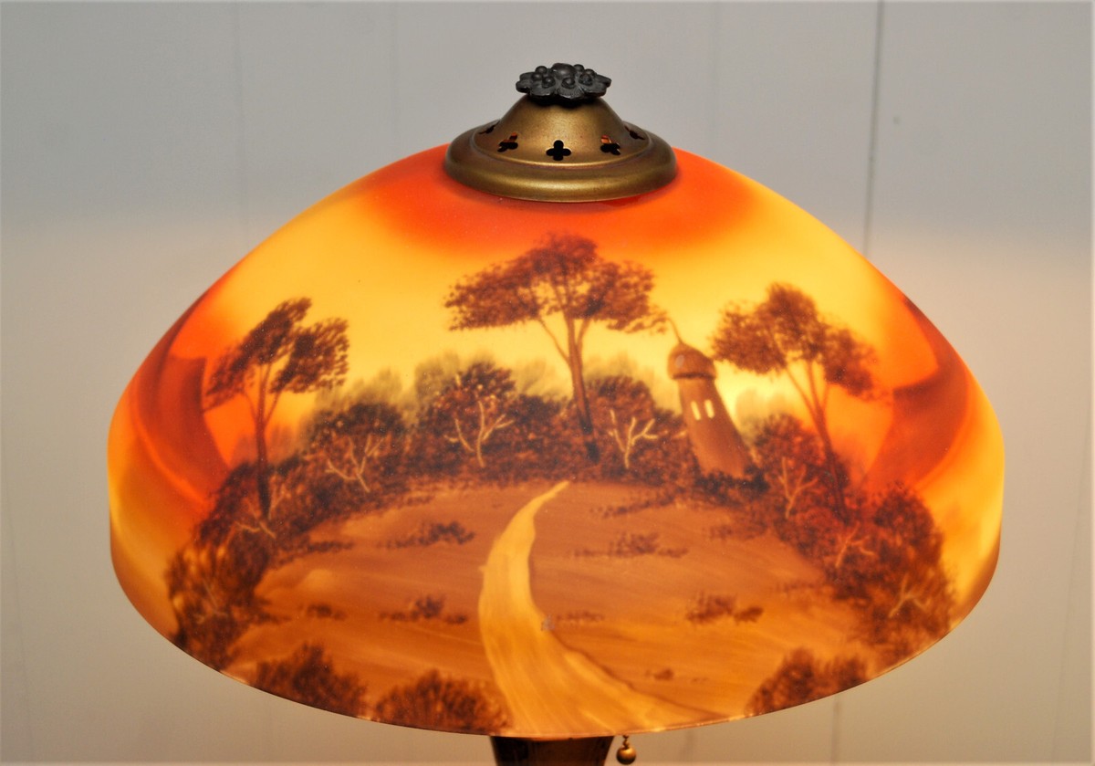 ANTIQUE PITTSBURGH REVERSE PAINTED LAMP SCENIC MOUNTAIN LANDSCAPE