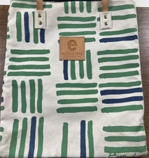 ANTHROPOLOGIE ERIN FLETT CANVAS BAG IVORY Green Blue Leather Double Strap