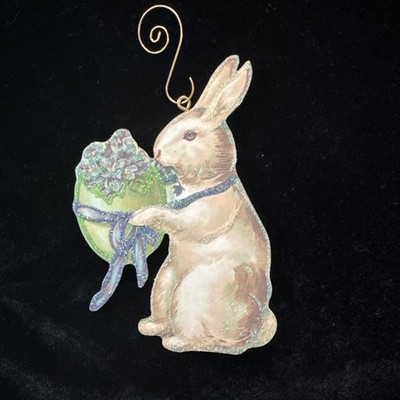 *WHITE BUNNY WITH EASTER EGG BASKET* Glitter HOLIDAY ORNAMENT * Vtg Img