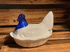VTG Fenton Hen On Nest Rare-Slag Milk Glass And Cobalt Blue Head