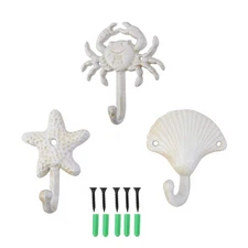 3 Pack Cast Iron Decorative Wall Hooks Starfish Seashell Crab White