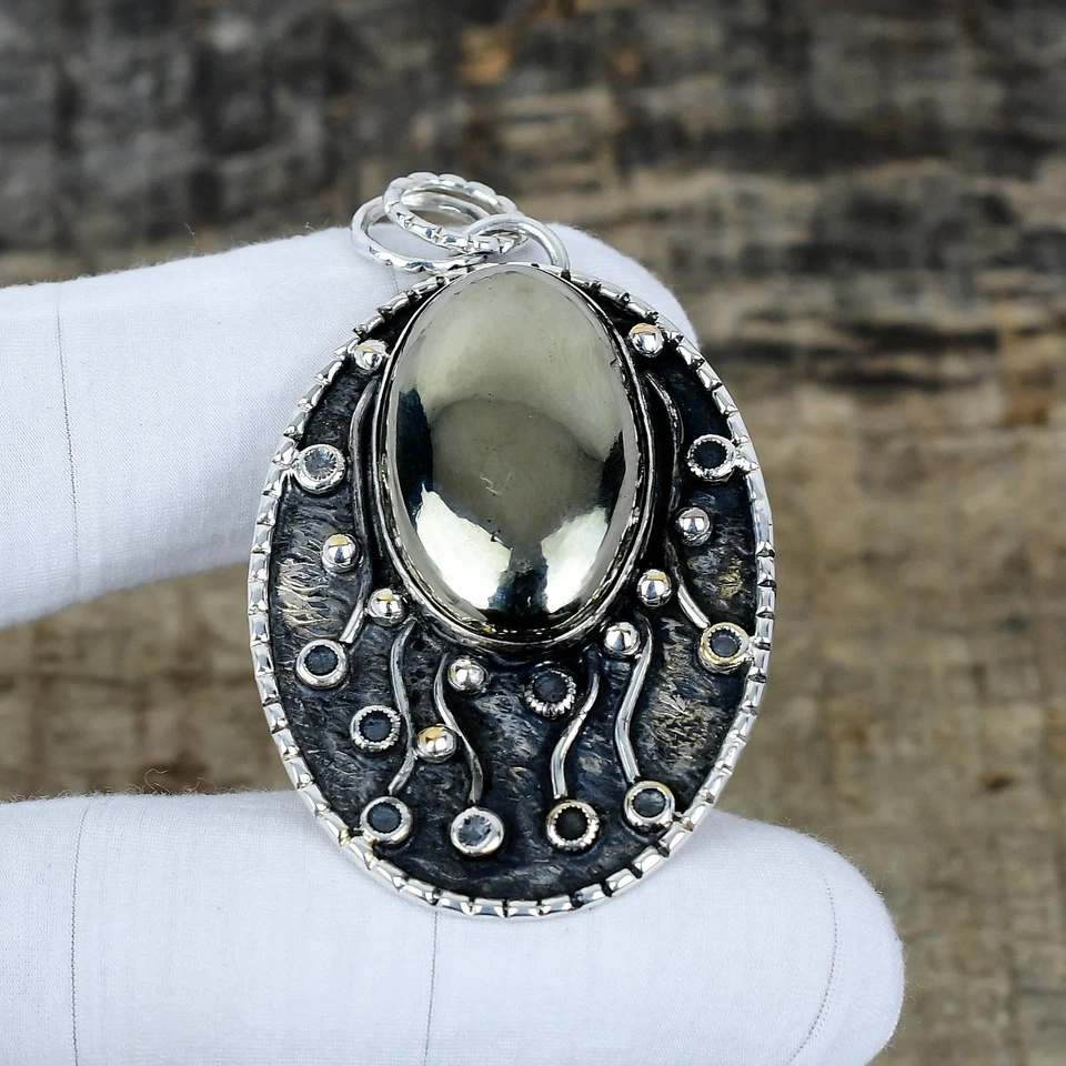 Naturale Pirite Gemma Ciondolo 925 Argento Sterling Fatto a Mano Gioielli Donna - Immagine 2 di 4