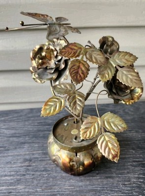 MCM Vintage Metal Brass Copper Flower Pot Butterfly Music Box Tune Rose Garden