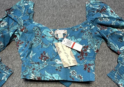 Band of the Free Top Womens XS Deep Teal Floral Boho Puff Sleeve Crop Tie Blouse