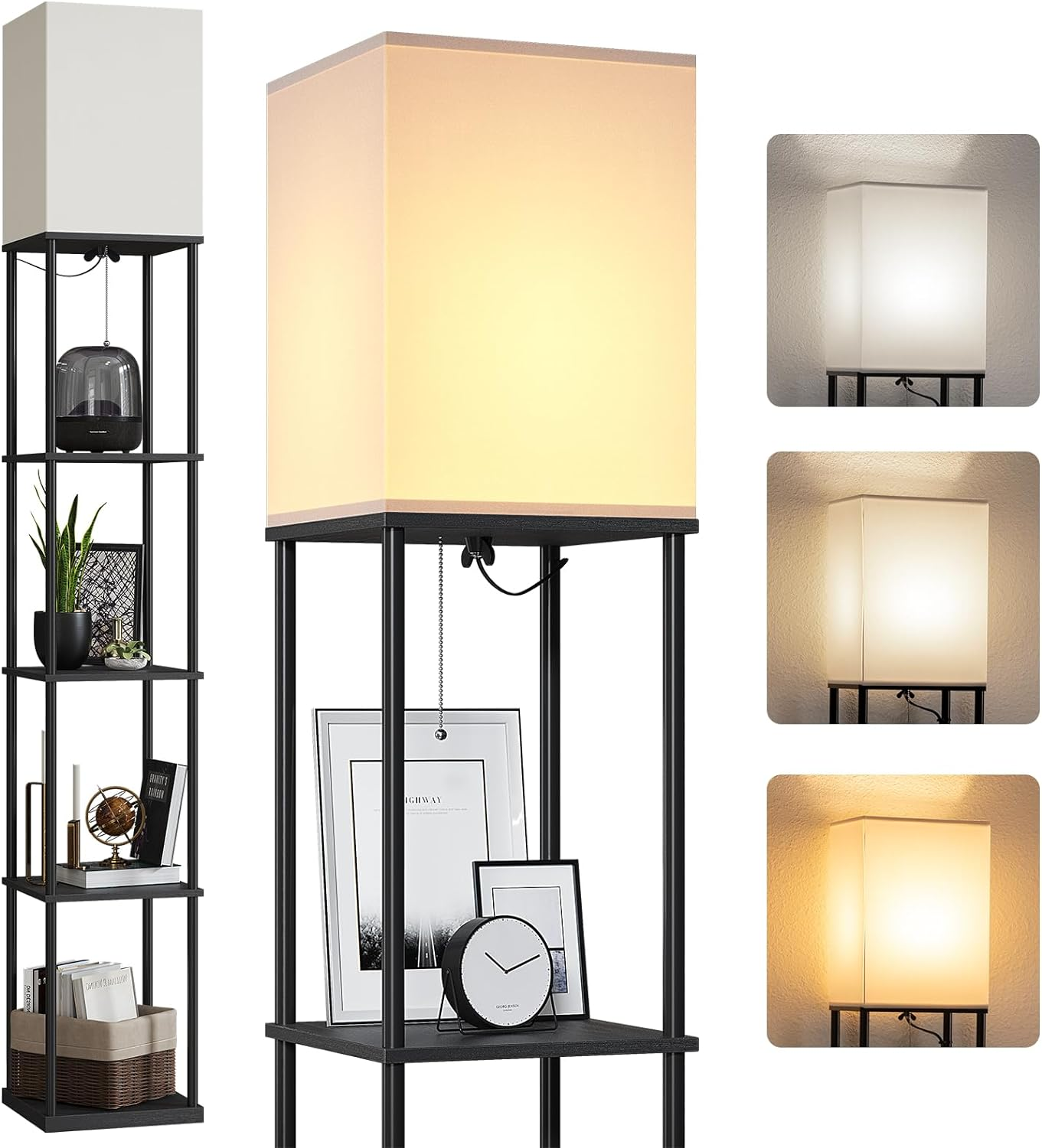 5 Tier Floor Lamp with Shelves, Modern Square Standing Lamp with 3 Color Tempera