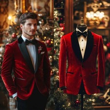 Men's Red Velvet Suit Black Peak Lapel Single Breasted Christmas Party Jacket