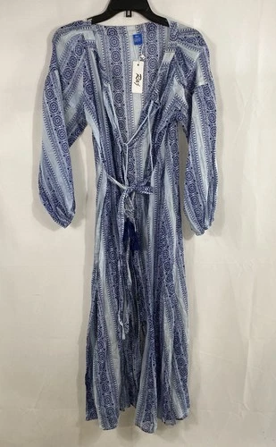 Raj Women's Blue White Geometric Print Cotton Long