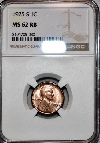 NGC MS-62 RB 1925-S Lincoln Cent, Predominantly Red w/ Large Die Cracks.