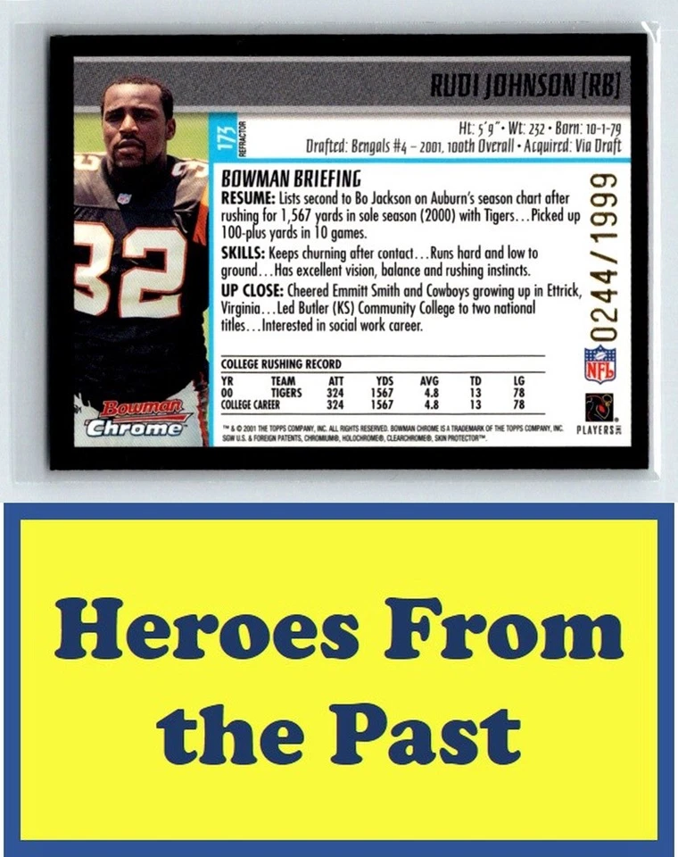 2001 Bowman Chrome #173 Rudi Johnson Rookie RC #/1999 069-R - Image 2 of 2