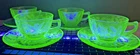 Vintage Jeanette 8 pcs. Green Uranium Glass Poinsettia Tea Cups & Saucers Set