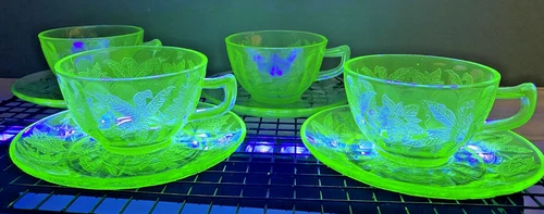 Vintage Jeanette 8 pcs. Green Uranium Glass Poinsettia Tea Cups & Saucers Set